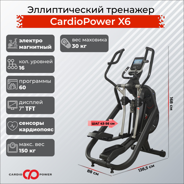 CardioPower X6 из каталога эллиптических тренажеров с длиной шага от 50 см в Перми по цене 179900 ₽